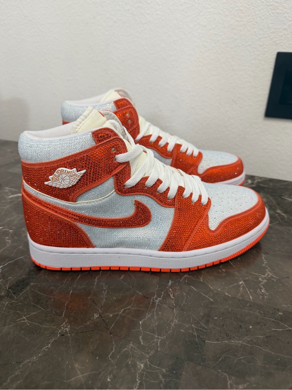 Nike Air Jordan 1, Custom Made Orange/White Crystal Sneakers, Men’s Size 8